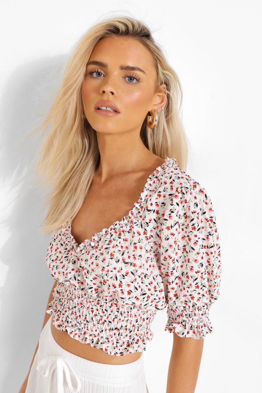 White Shirred Ditsy Floral Crop Top image number 1