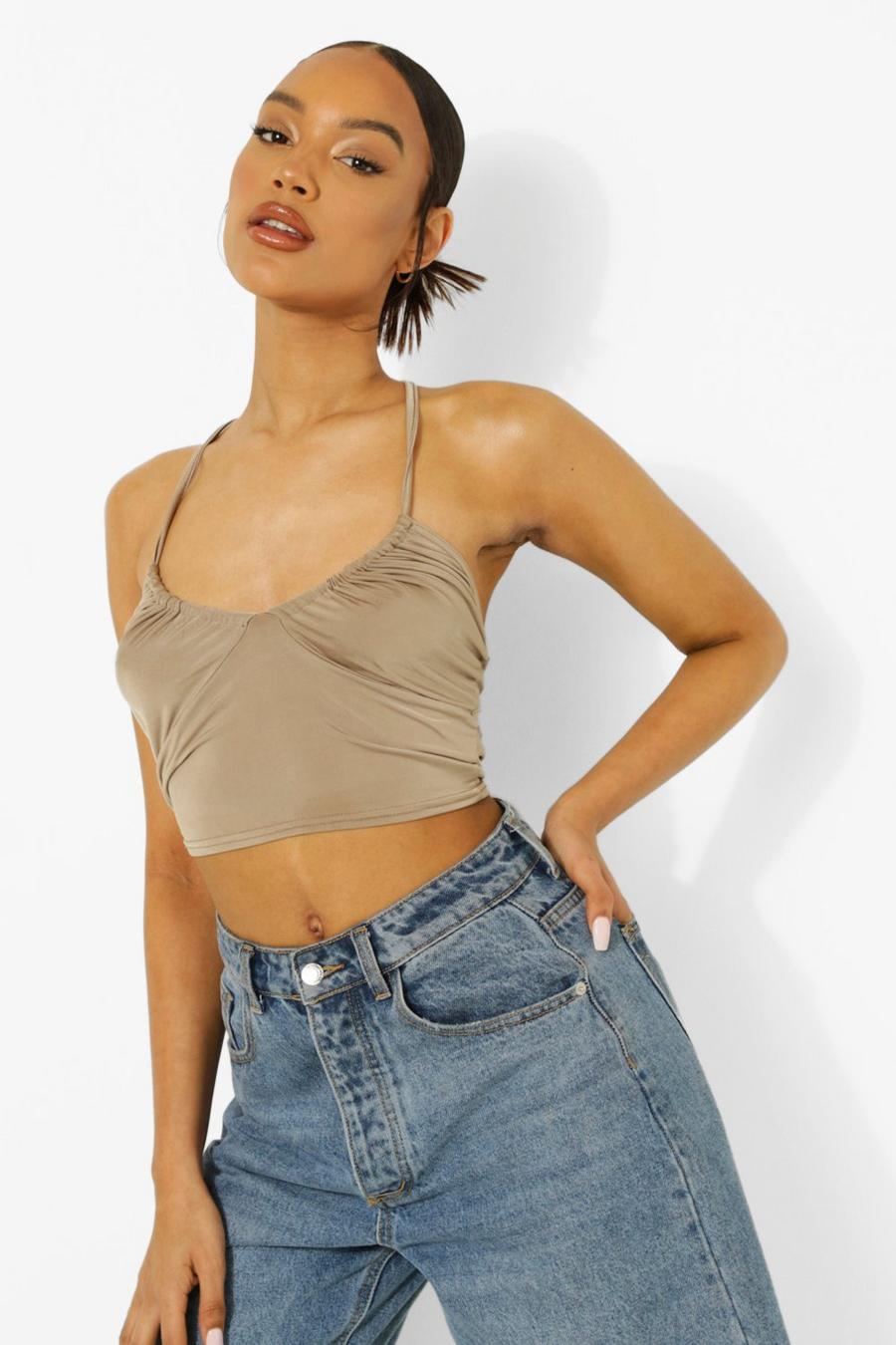 Chocolate Slinky Ruched Bust Crop Top image number 1