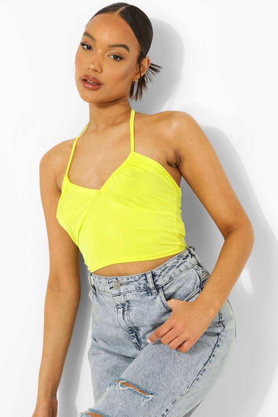 Lime Slinky Ruched Bust Crop Top image number 1