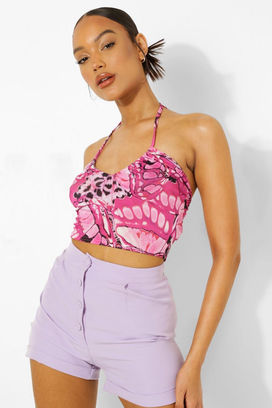 Bright pink Slinky Ruched Bust Butterfly Print Crop Top image number 1