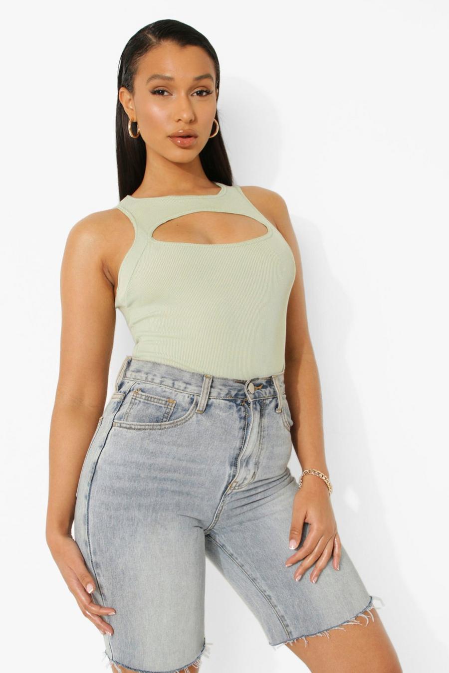 Lime Rib Peep Cut Out Bodysuit image number 1