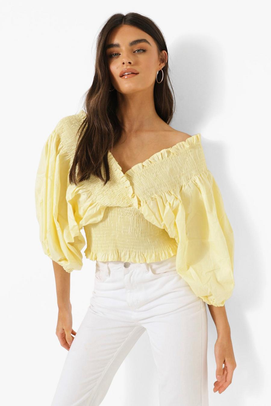 Yellow Shirred Puff Sleeve V Neck Cross Top image number 1
