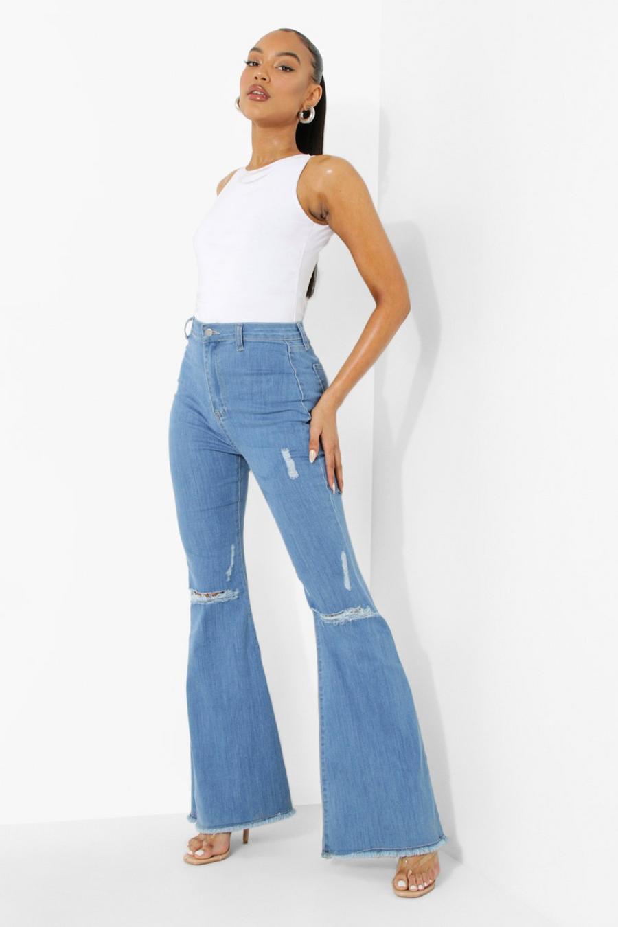 Ice blue High Waist Ripped Stretch Flare Jeans image number 1