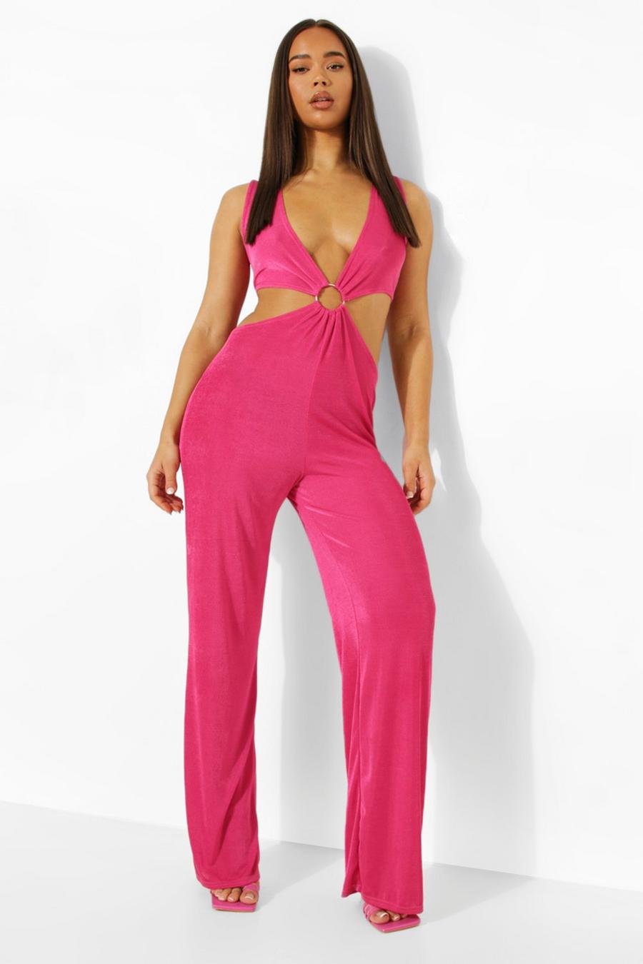 Hot pink O Ring Textured Slinky Wide Leg Jumpsuit image number 1