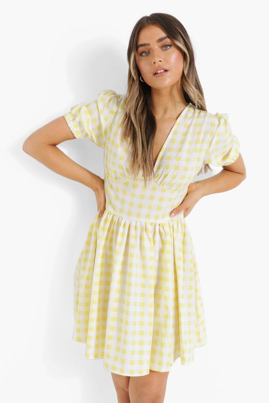 צהוב שמלת סקייטר משובצת עם שרוולים תפוחים ומכפלת אסימטרית image number 1