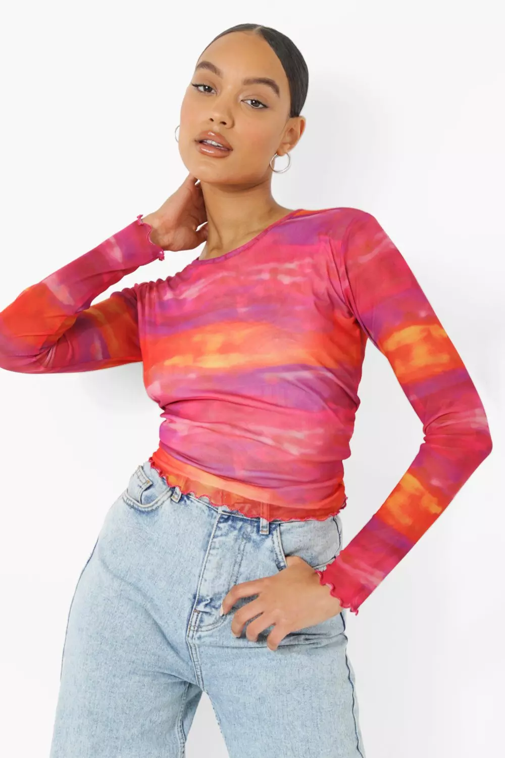 Printed Mesh Long Sleeve Top