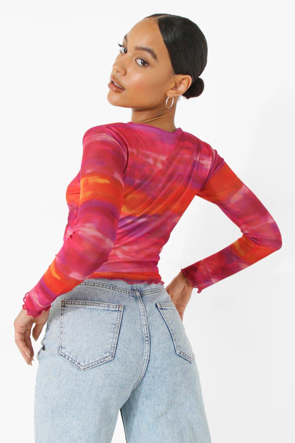 Landscape Print Mesh Long Sleeve Top | boohoo