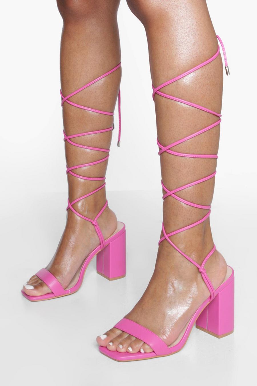 Hot pink Wide Fit Tie Up Strap Block Heels image number 1