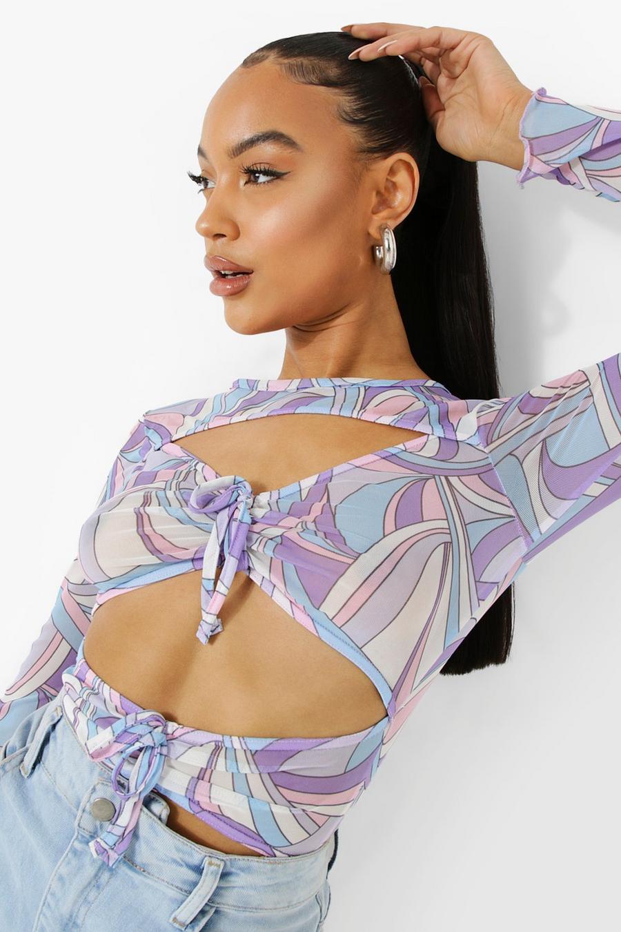 Purple Abstract Mesh Cut Out Bodysuit image number 1