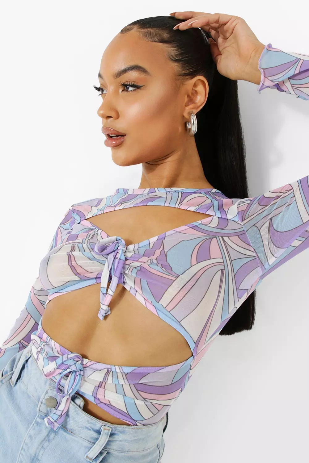 Purple Abstract Mesh Cut Out Bodysuit alternative image