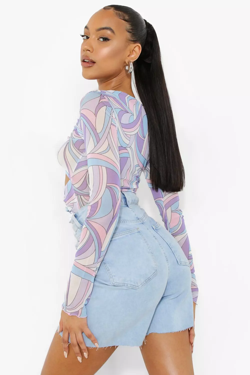 Purple Abstract Mesh Cut Out Bodysuit alternative image
