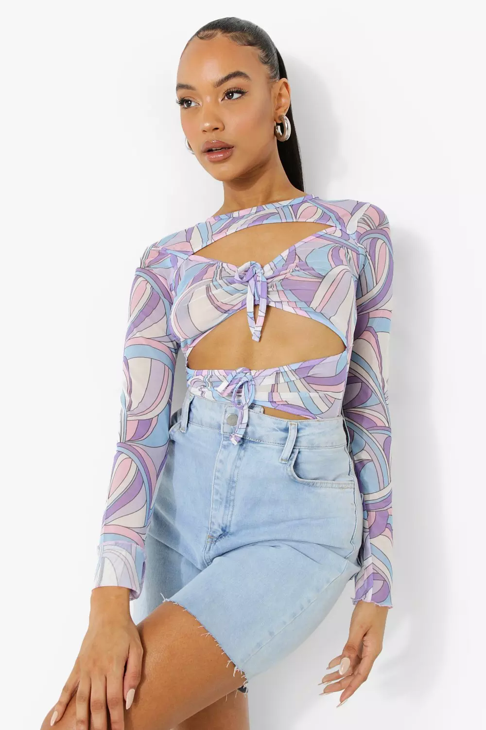 Purple Abstract Mesh Cut Out Bodysuit alternative image