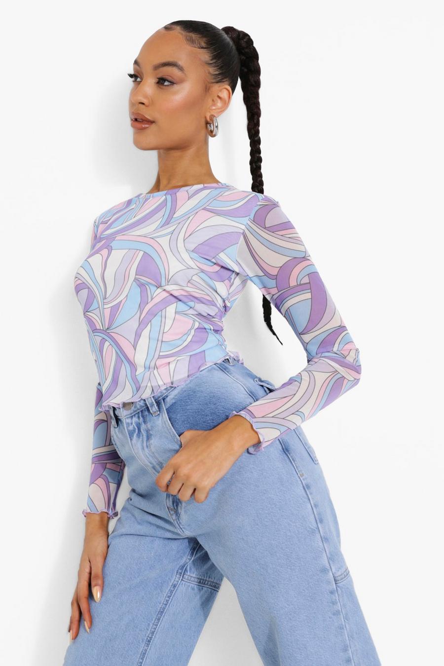 Purple Abstract Floral Mesh Long Sleeve Top image number 1
