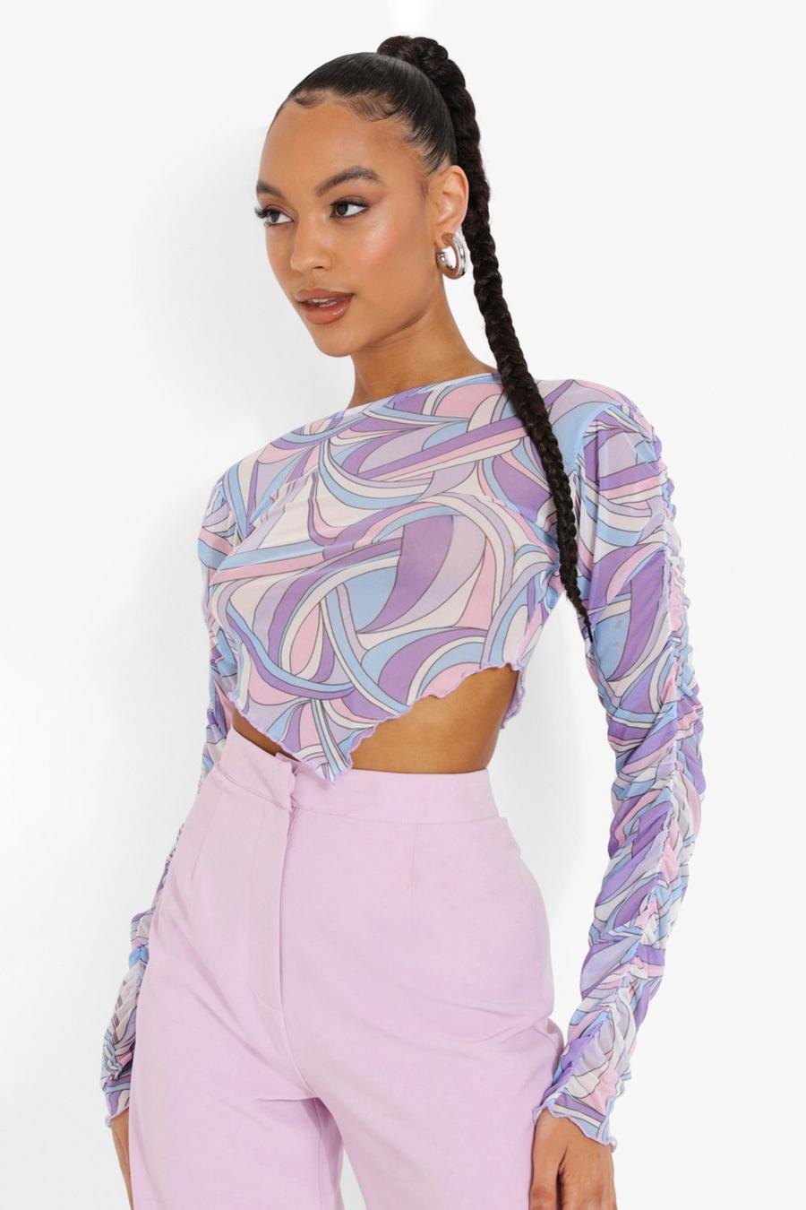 Purple Abstract Floral Mesh Dipped Hem Top image number 1