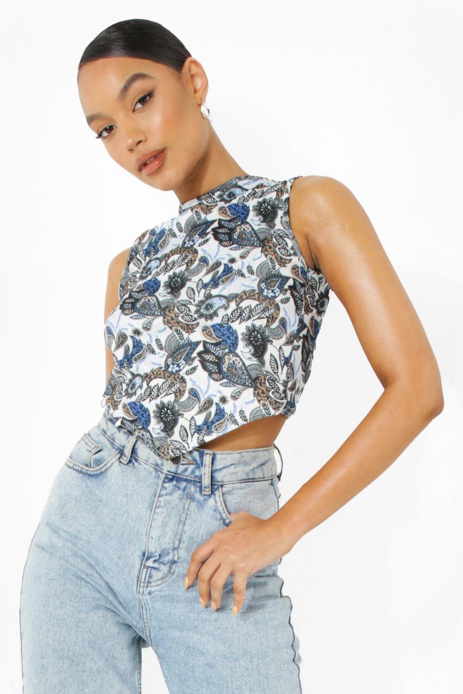 Blue Paisley Printed Backless Ribbed Top image number 1