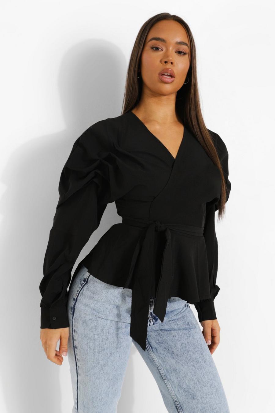 Black Ruched Sleeve Wrap Front Blouse image number 1