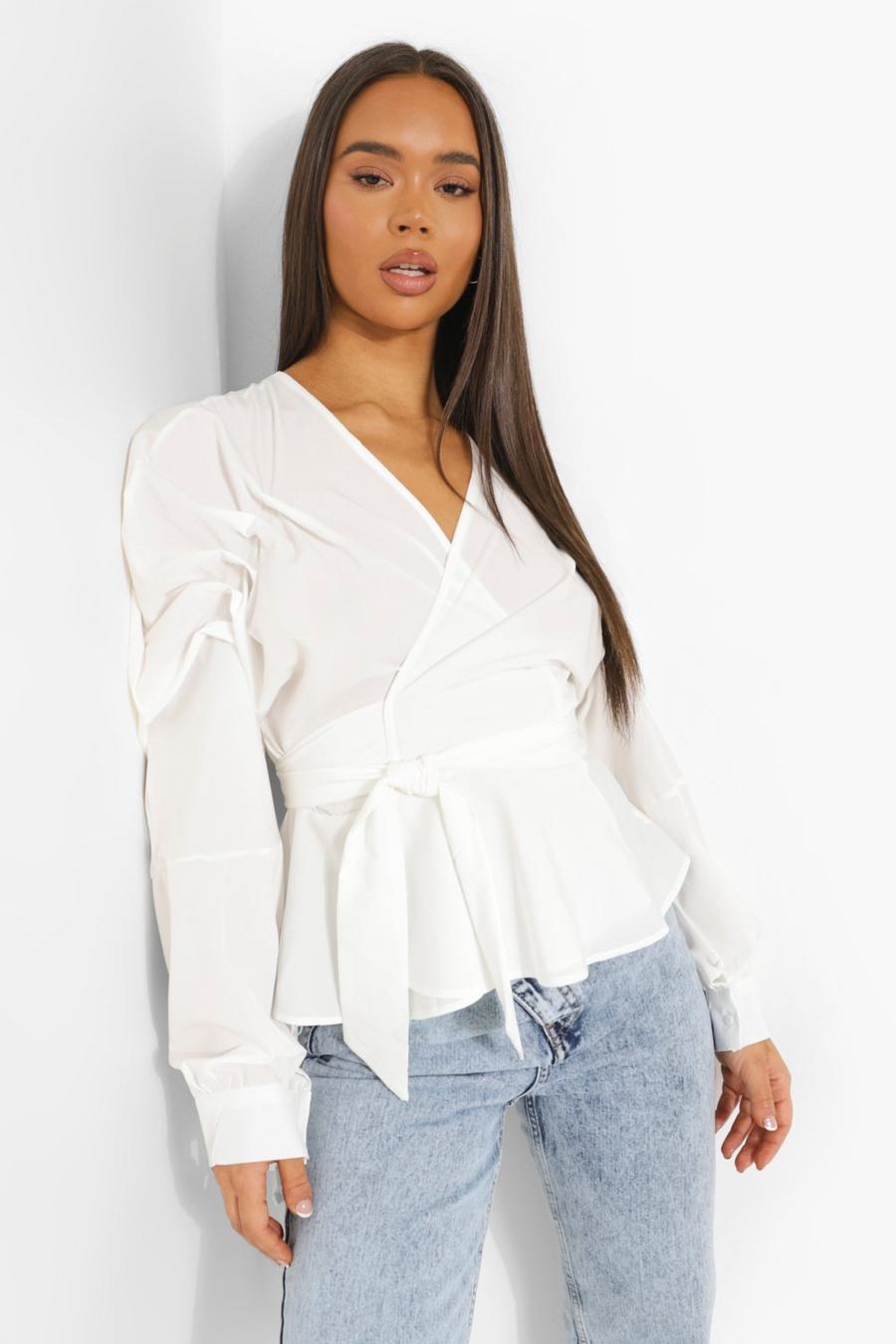 Ivory Ruched Sleeve Wrap Front Blouse image number 1
