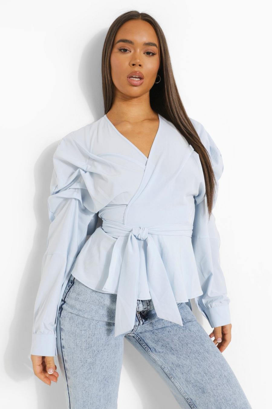 Powder blue Ruched Sleeve Wrap Front Blouse image number 1