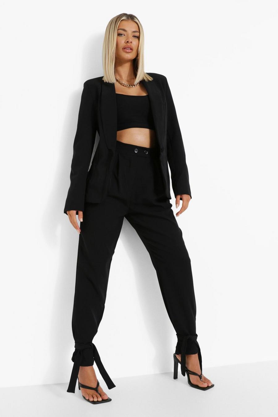 Black Tailored Tie Ankle Relaxed Fit Trousers image number 1
