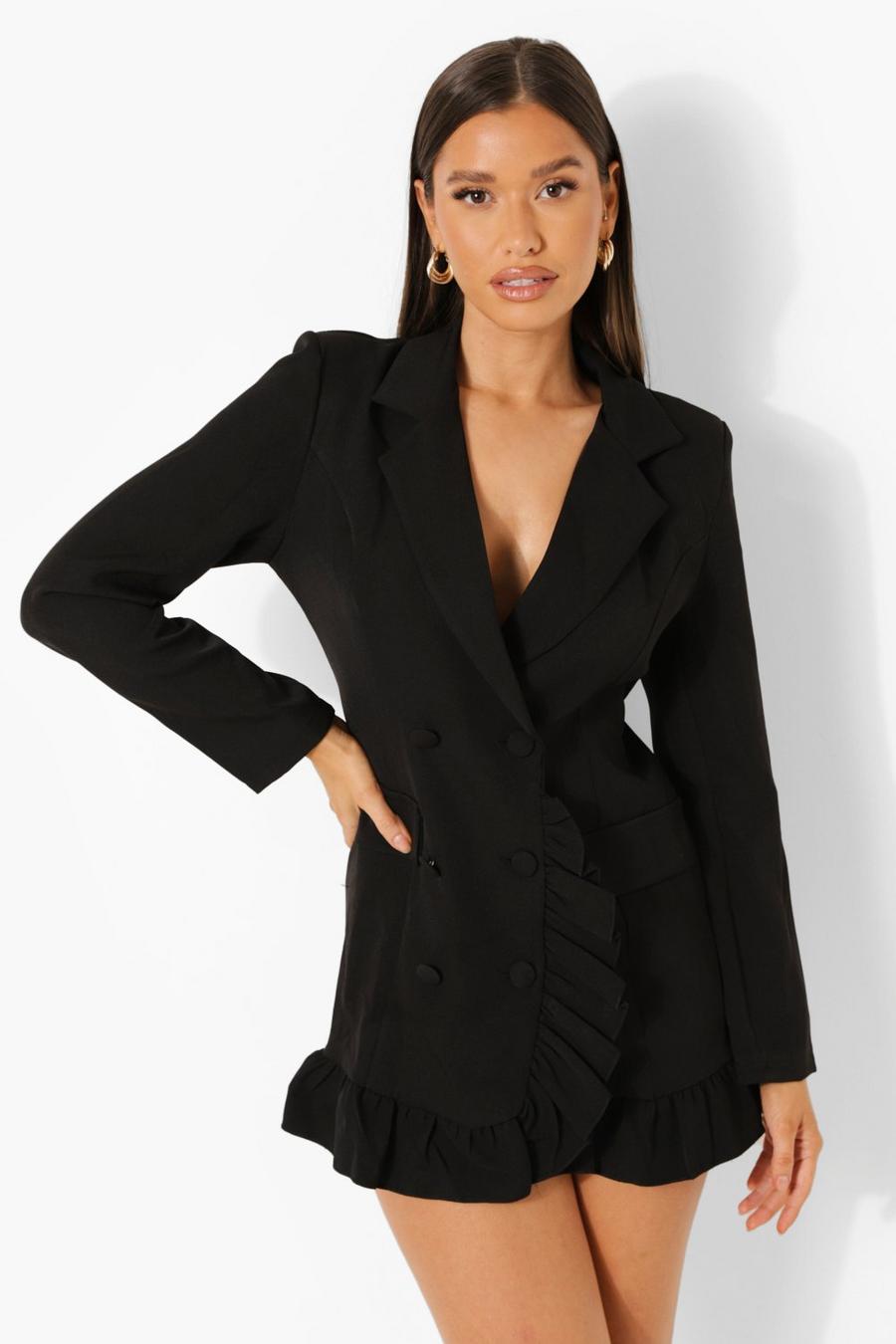 Black Ruffle Front Double Breasted Blazer Dress image number 1