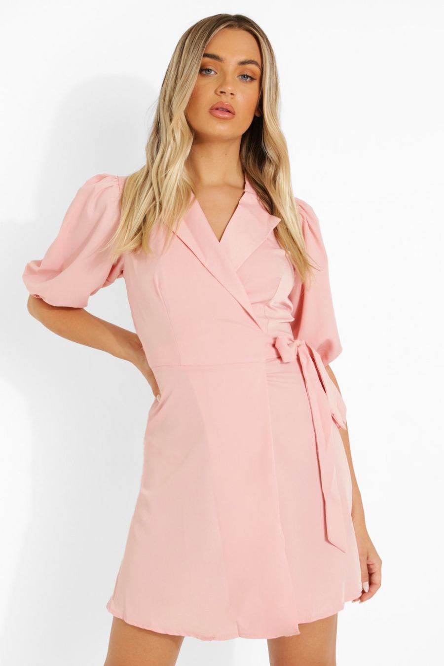 Peach Puff Sleeve Wrap Front Blazer Dress image number 1