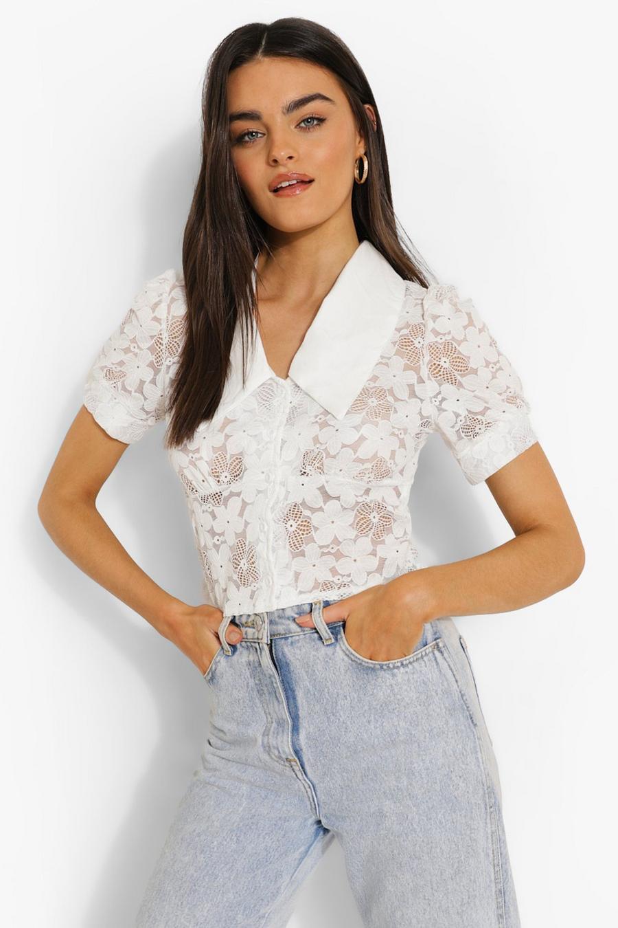 Ivory Lace Contrast Collar Blouse image number 1