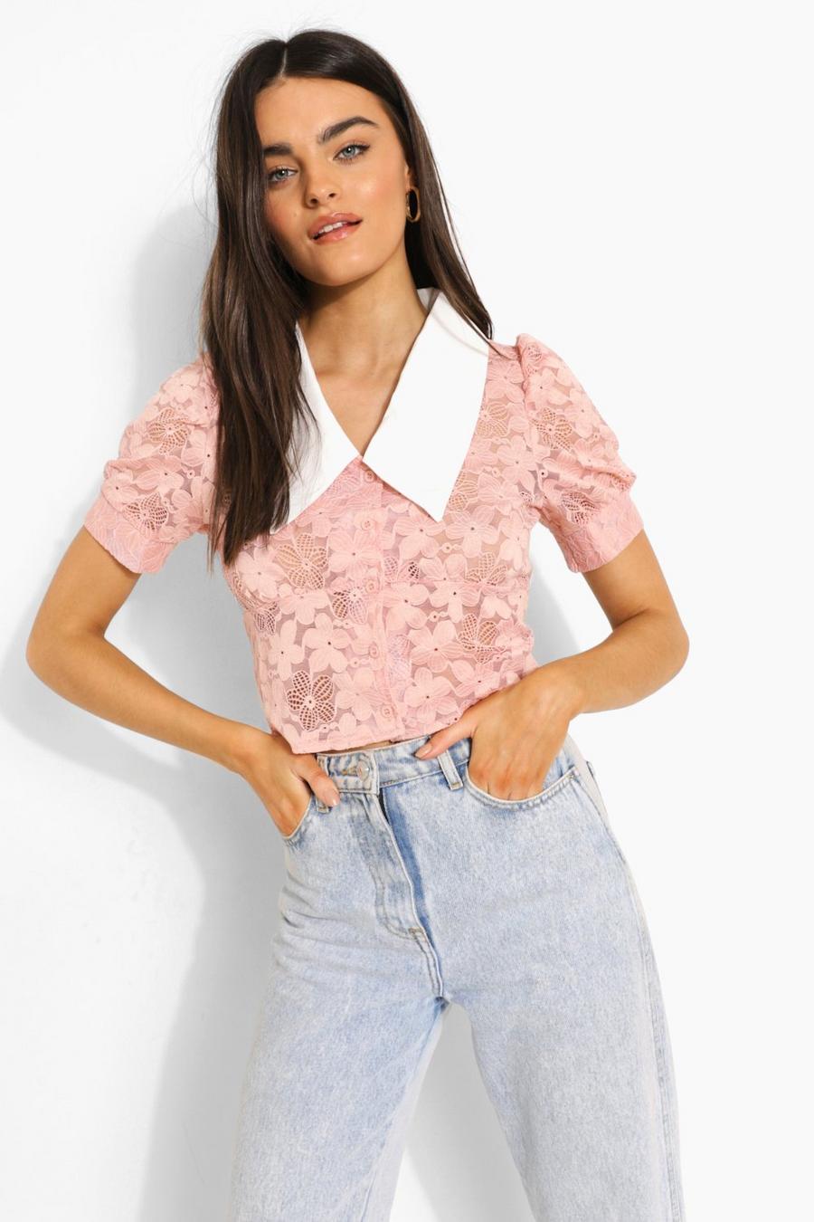 Rose Lace Contrast Collar Blouse image number 1