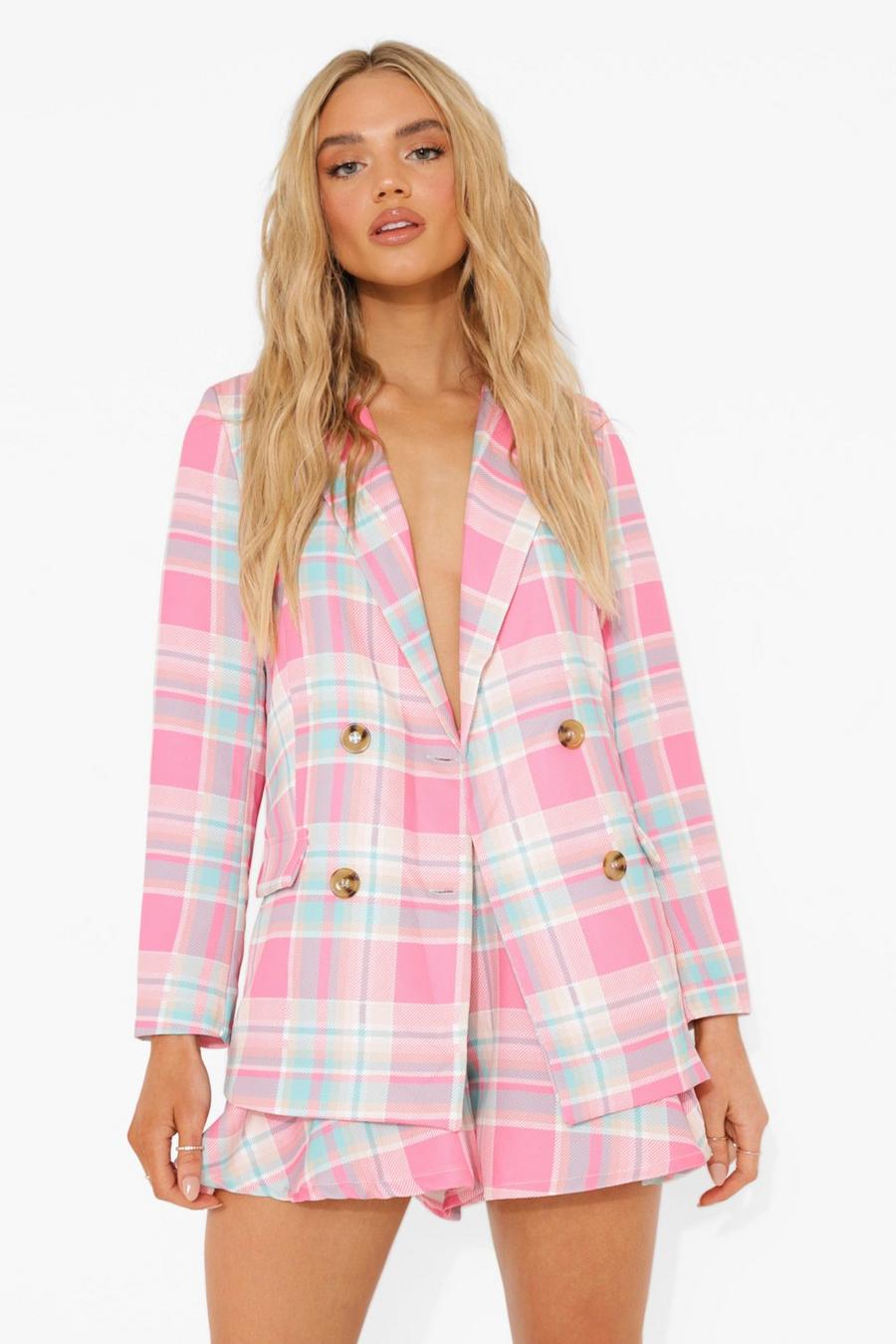 Pink Pastel Check Double Breasted Blazer image number 1
