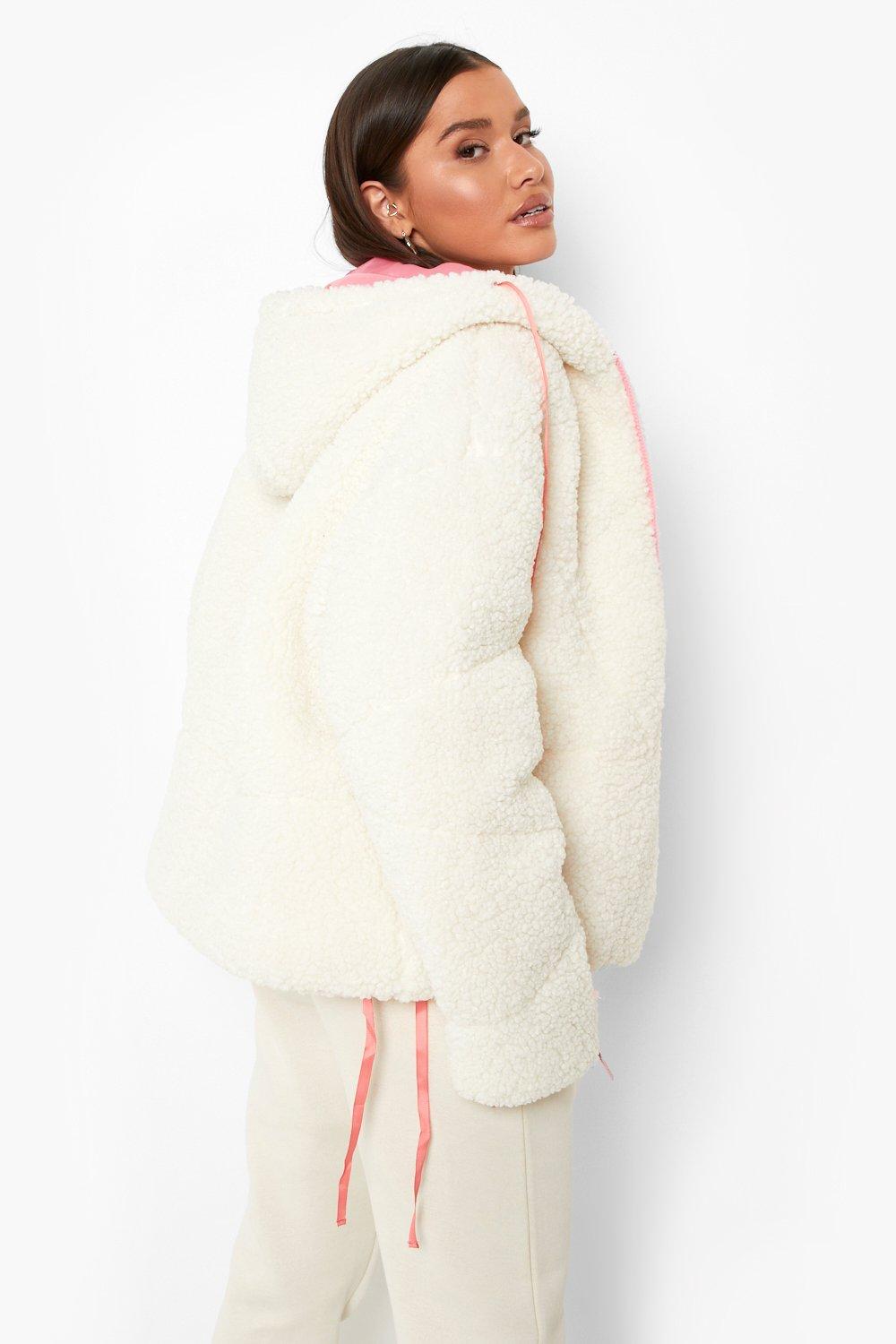 Cream faux best sale fur hooded jacket