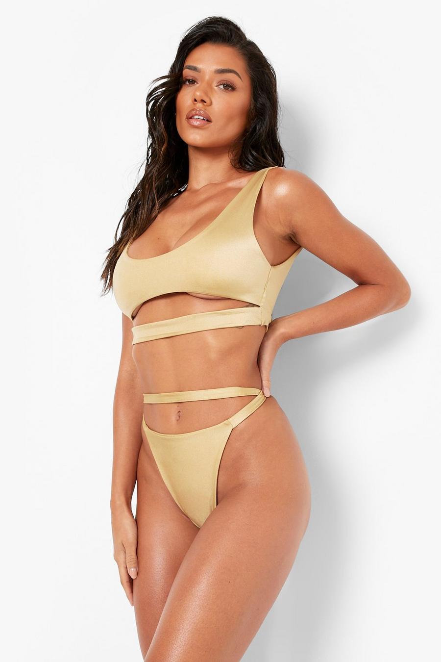 Gold Cut Out Thong Bikini Brief image number 1