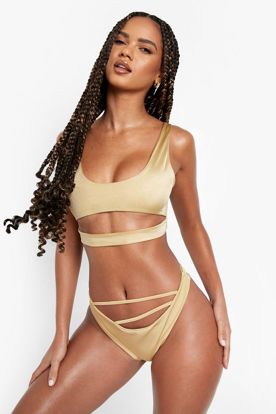 Cut-Out Bikinihose mit hohem Beinausschnitt, Gold metallic