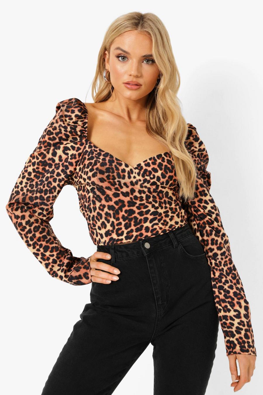 Brown Leopard Puff Sleeve Top image number 1