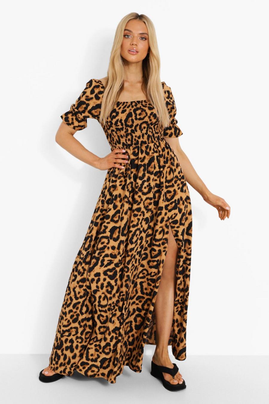 Vestido maxi fruncido de leopardo con escote cuadrado, Brown image number 1