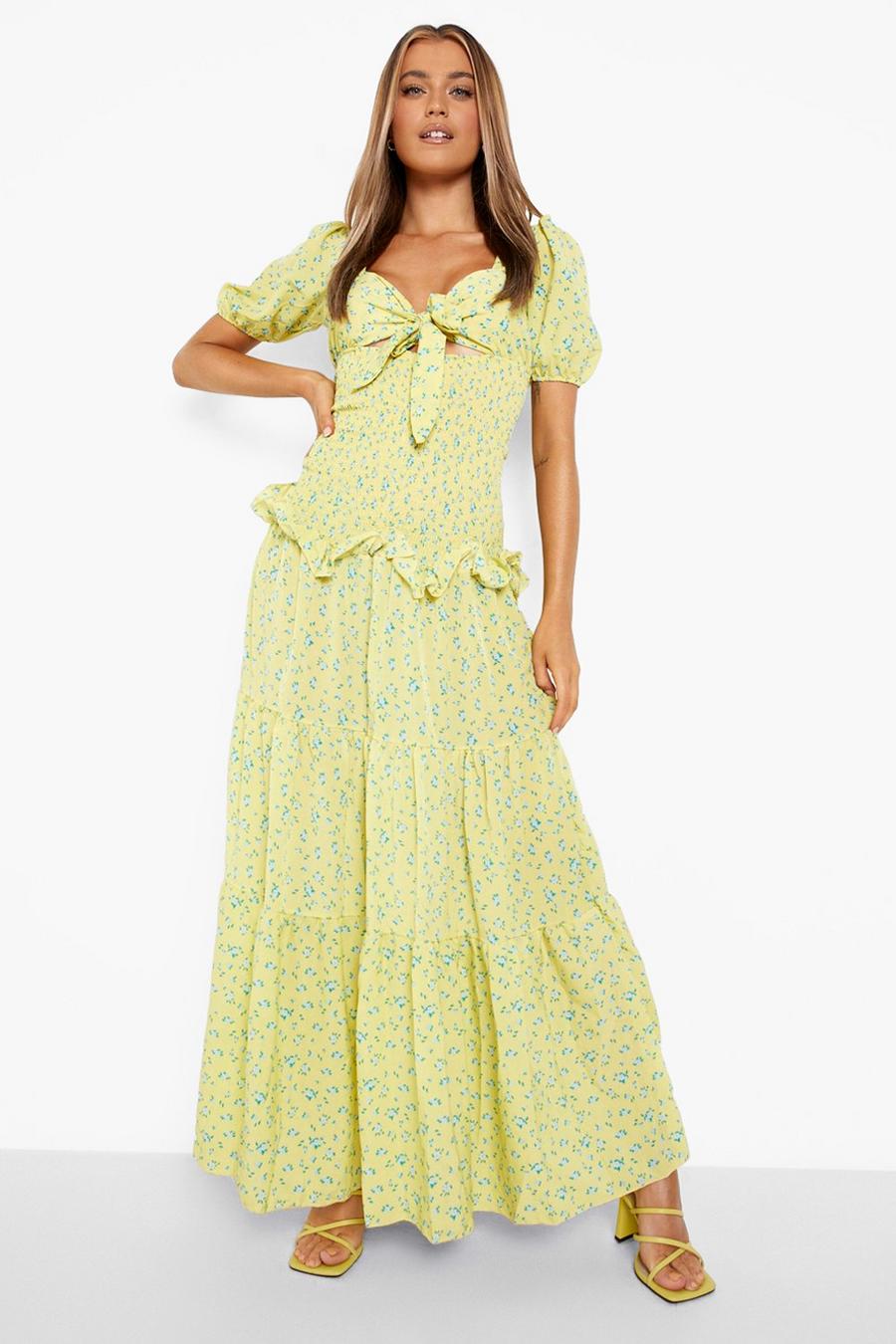 Yellow Floral Tie Detail Tiered Hem Maxi Dress image number 1