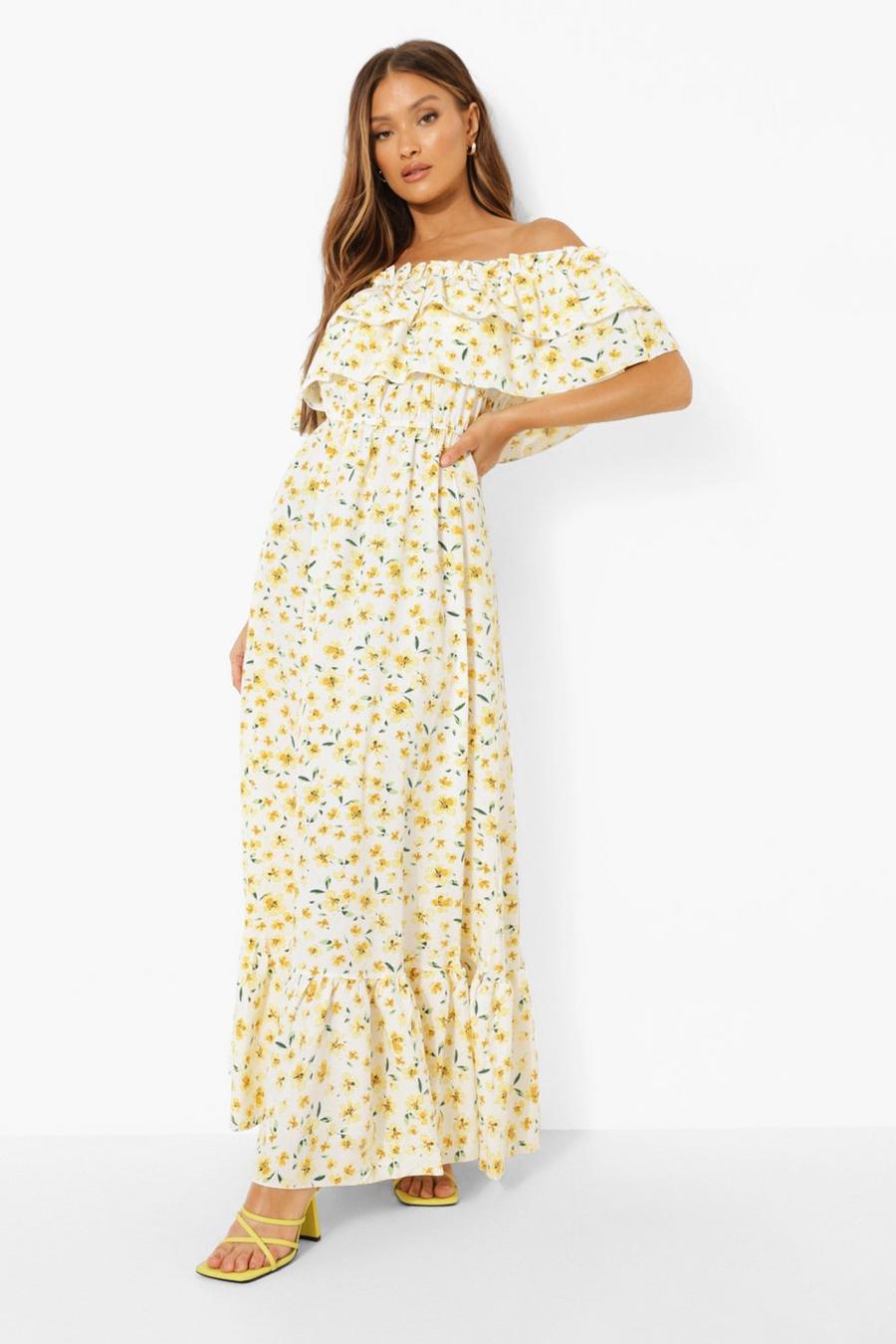 Cream Floral Ruffle Off The Shoulder Maxi Dress image number 1