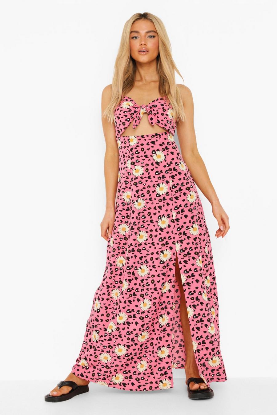 Pink Daisy Print Strappy Tie Bust Split Maxi Dress image number 1