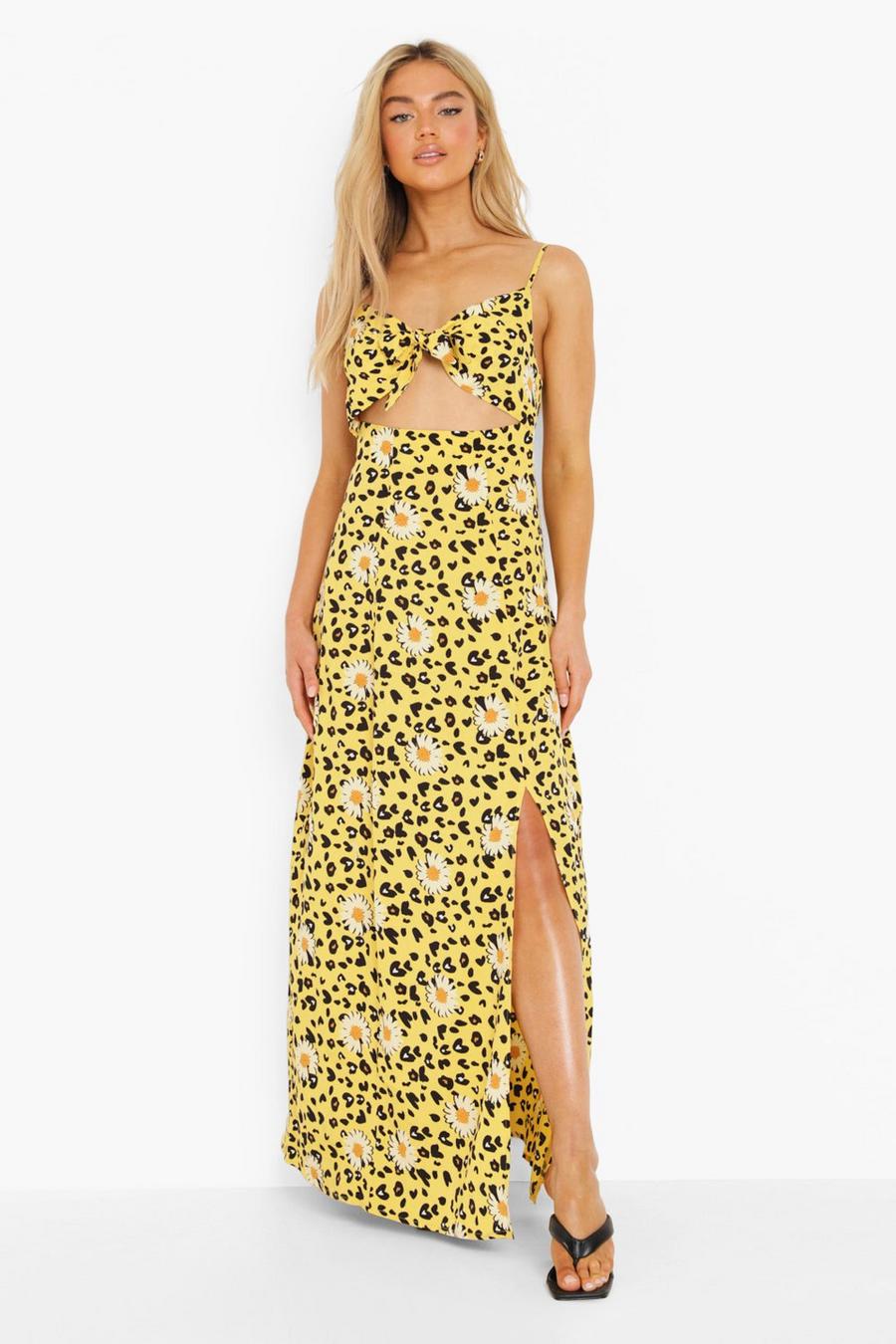Yellow Daisy Print Strappy Tie Bust Split Maxi Dress
