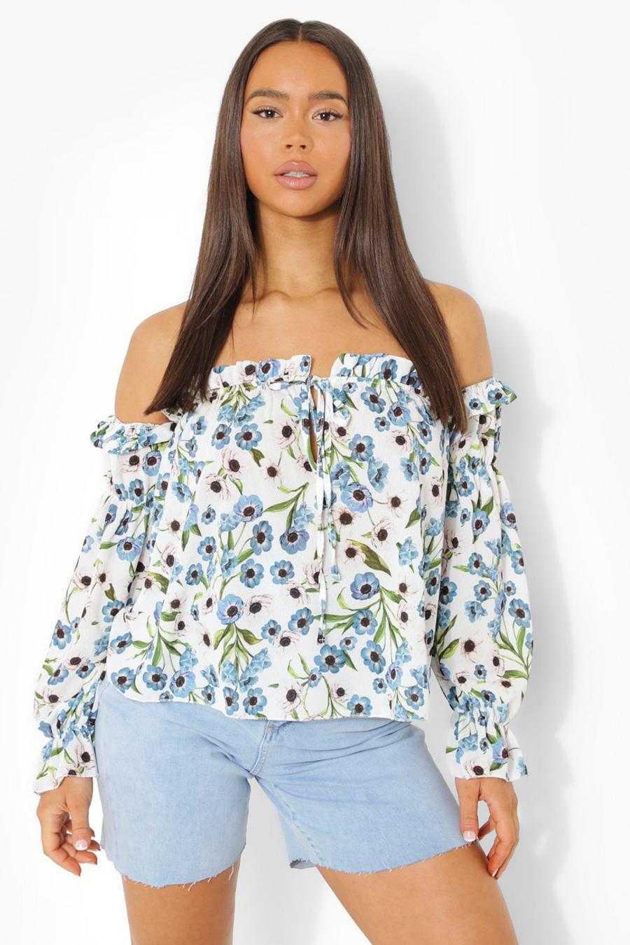 White Floral Ruffle Cold Shoulder Top image number 1