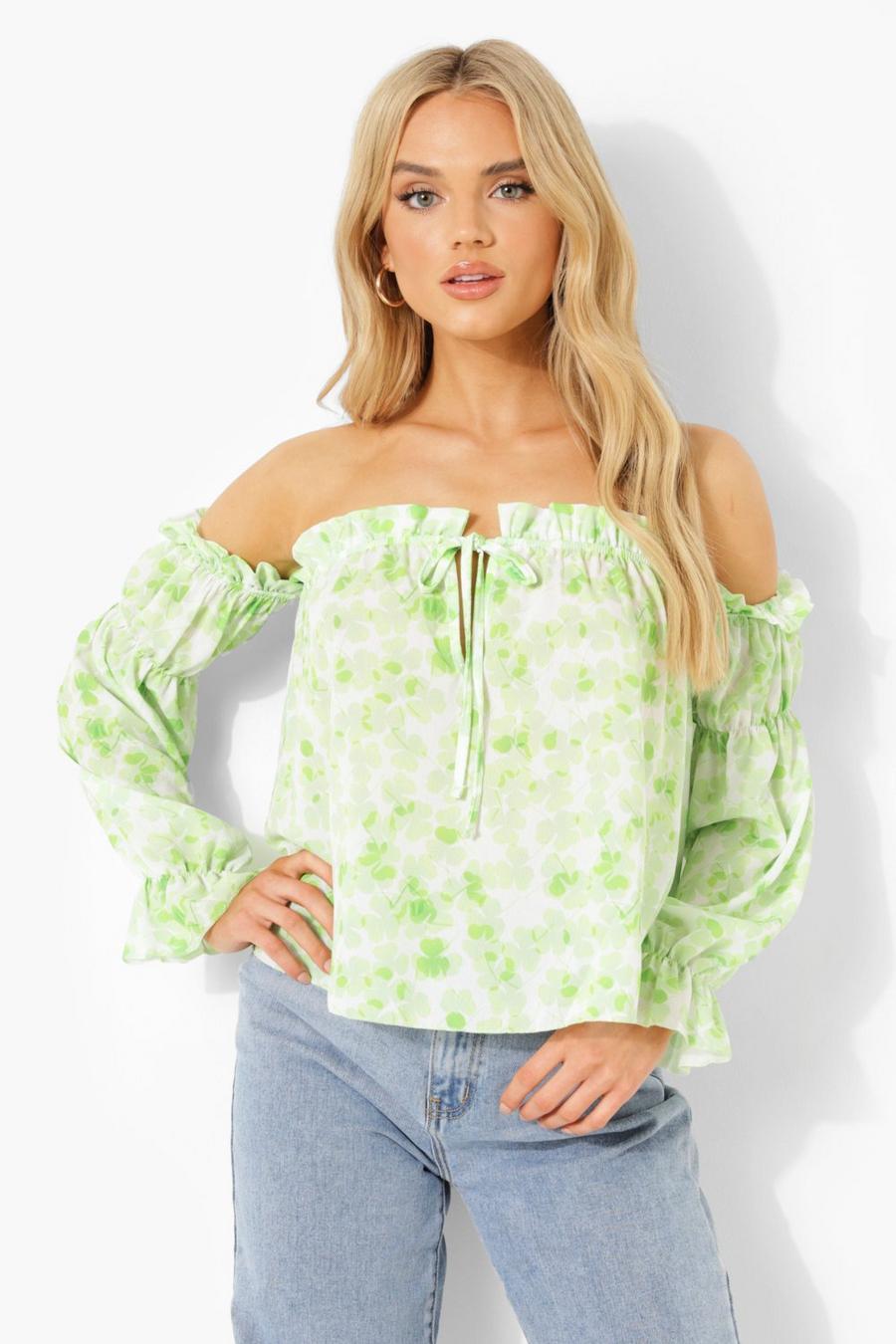 White Floral Ruffle Cold Shoulder Top image number 1