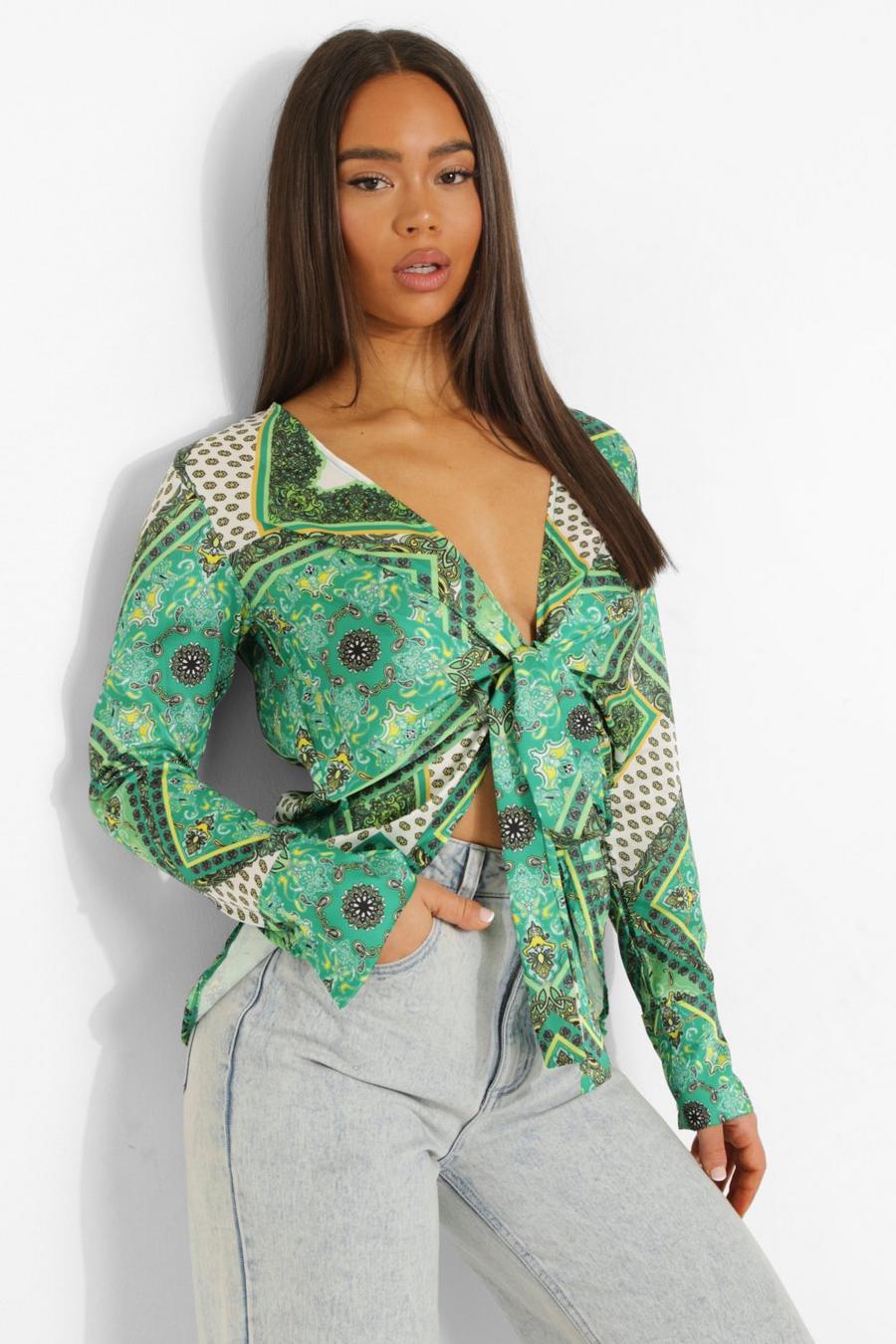 Green Satin Scarf Print Tie Front Top