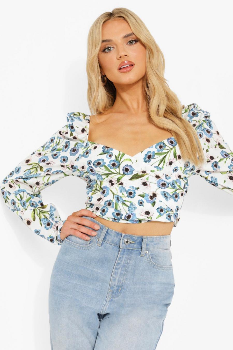 White Floral Puff Sleeve Top image number 1
