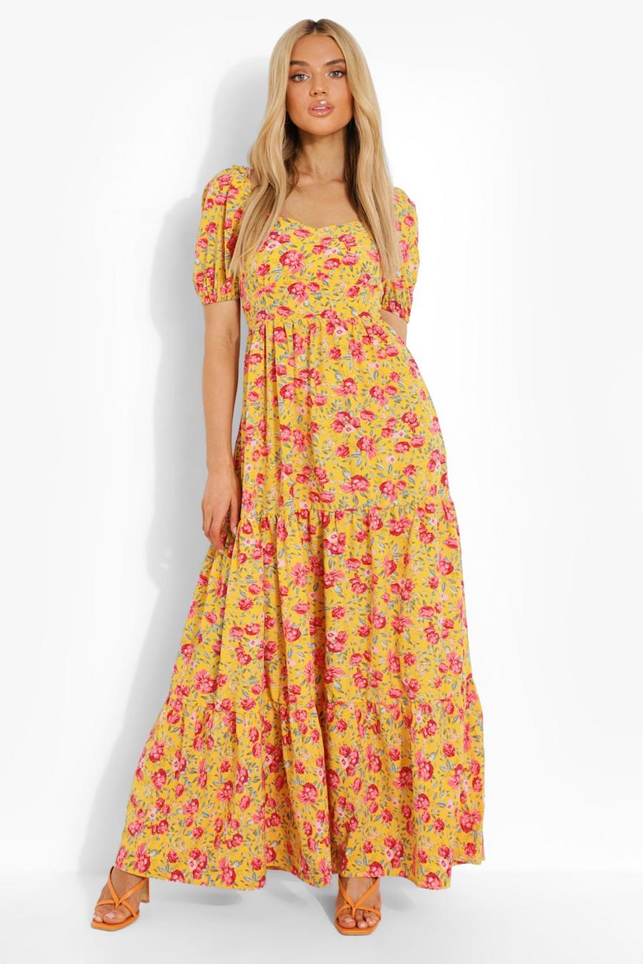 Yellow Puff Sleeve Tiered Maxi Dress image number 1