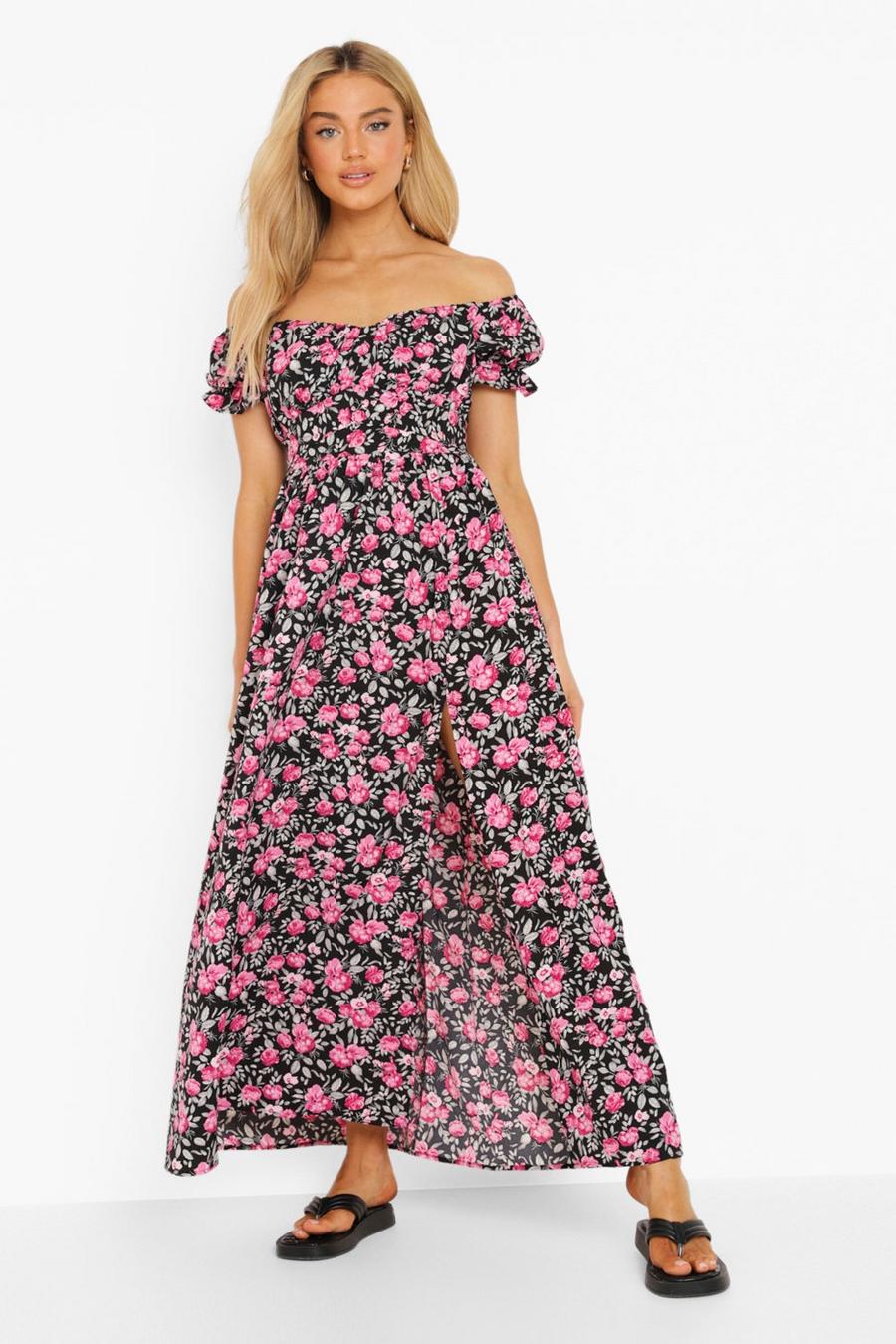 Black Floral Bardot Shirred Bust Split Maxi Dress image number 1