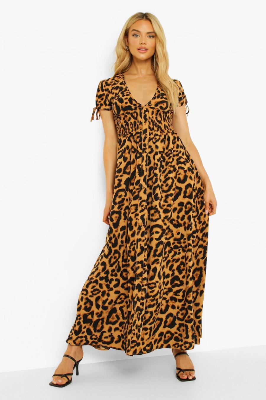Brown Leopard Shirred Waist Maxi Dress image number 1