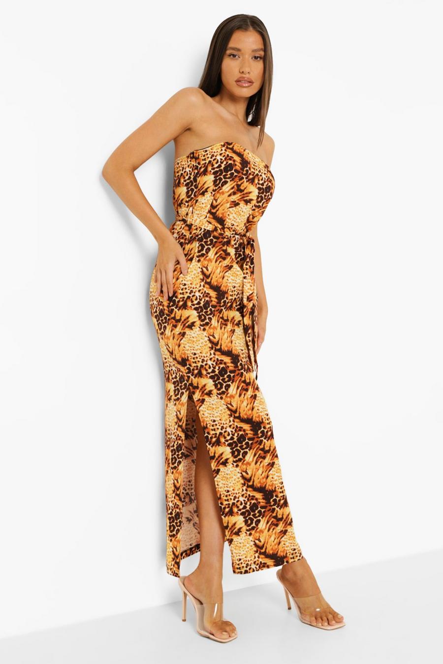 Brown Leopard Print Bandeau Belted Maxi Dress