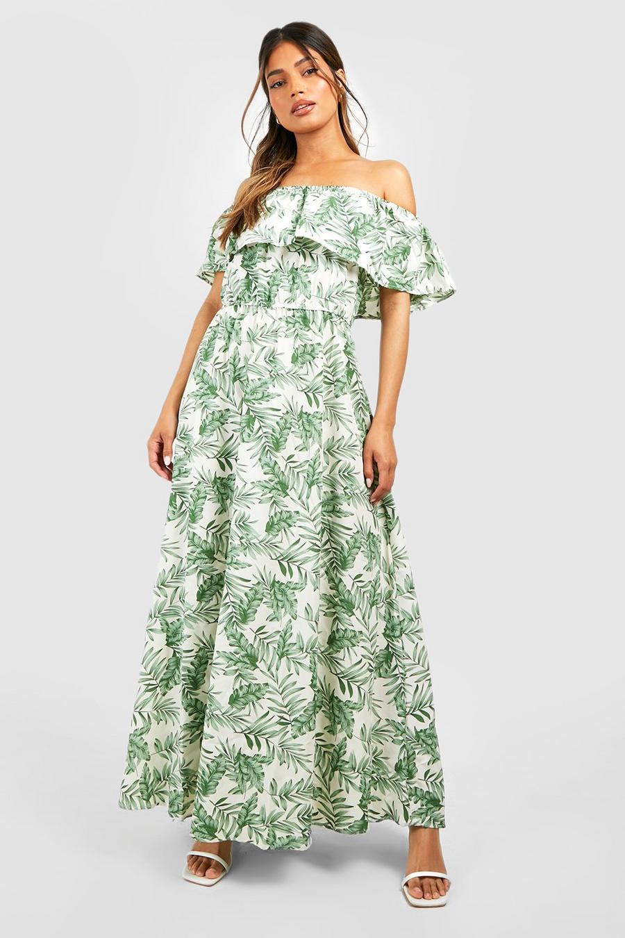 White Off The Shoulder Palm Print Maxi Dress image number 1