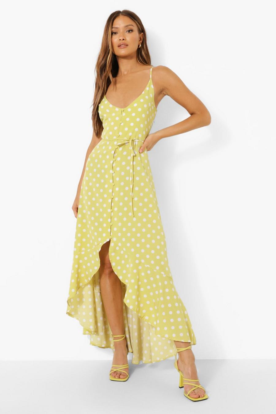 Lime Polka Button Up Tie Waist Maxi Dress image number 1