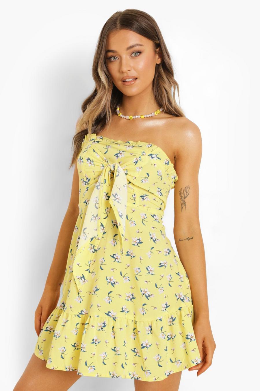 Yellow giallo Floral Ruffle Bandeau Drop Hem Swing Dress image number 1