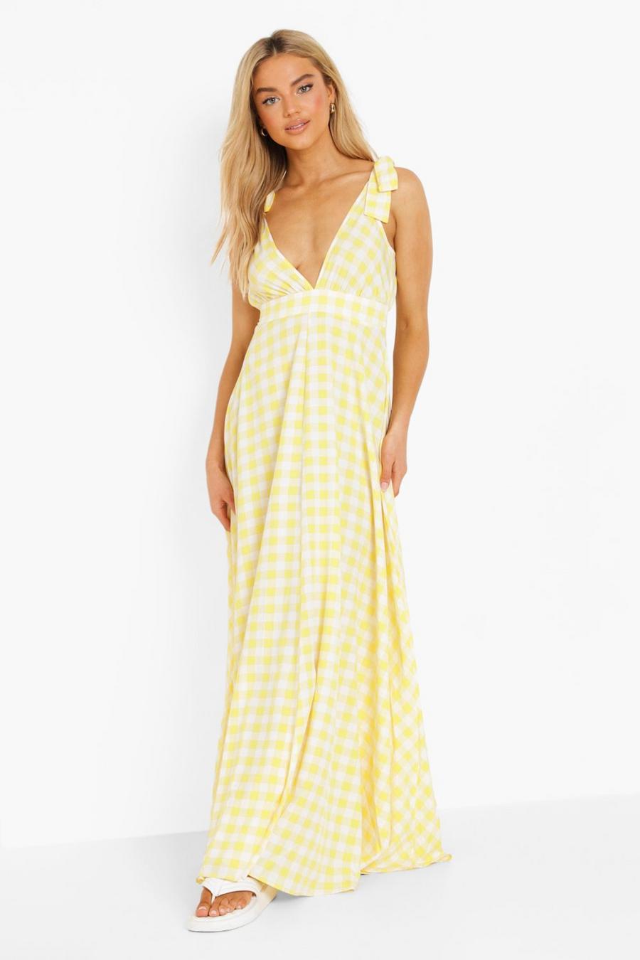 צהוב שמלת מקסי בהדפס גינגהם עם מחשוף עמוק וכתפיות עם קשירה image number 1