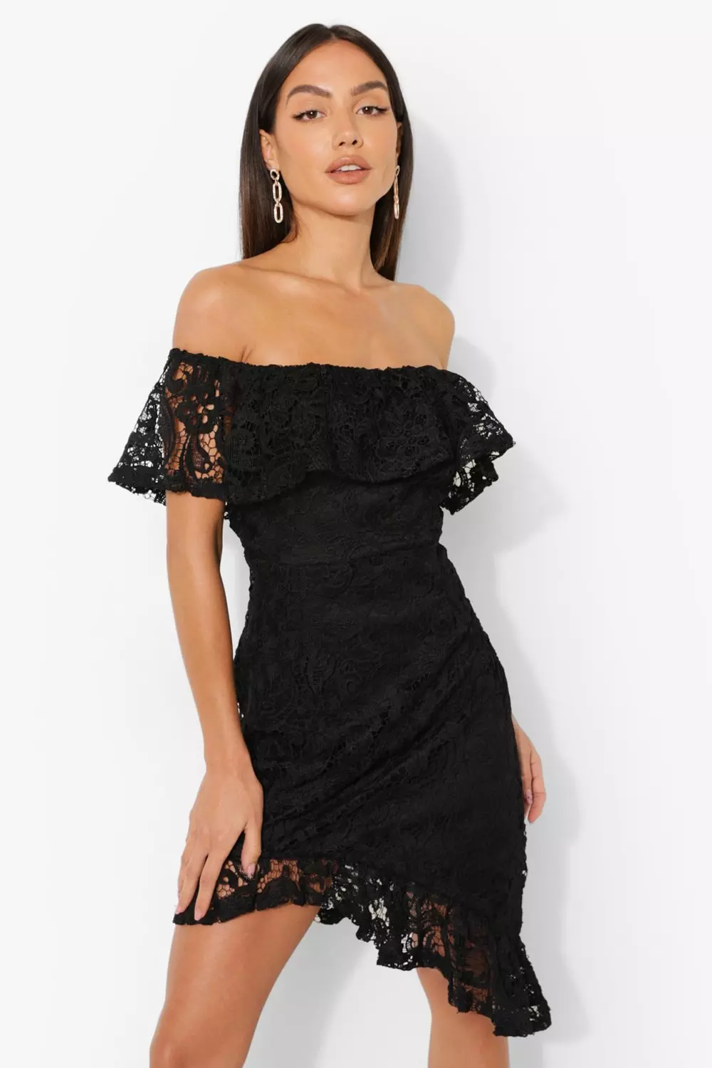 Bardot ruffle lace dress hotsell